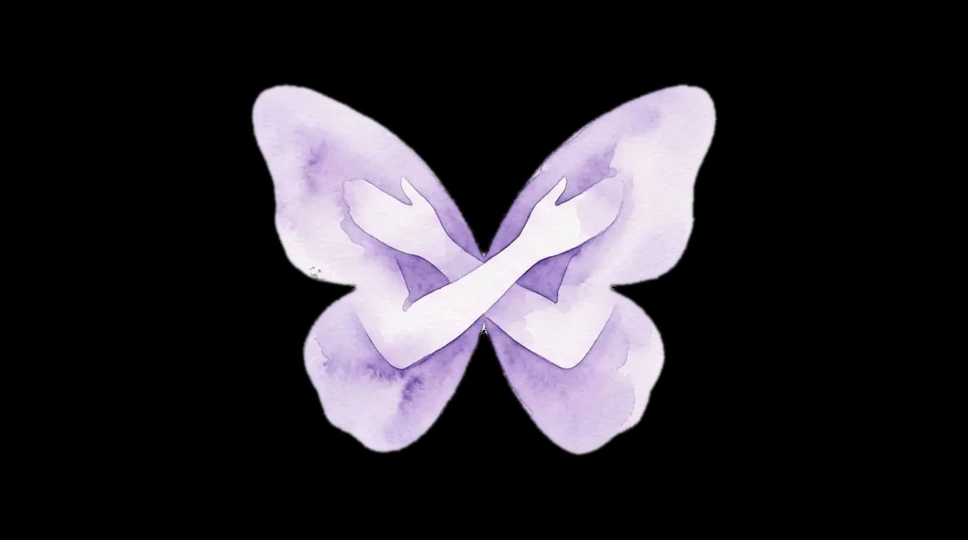 Watercolor illustration of a butterfly formed by arms crossed over the chest, representing the Butterfly Hug technique