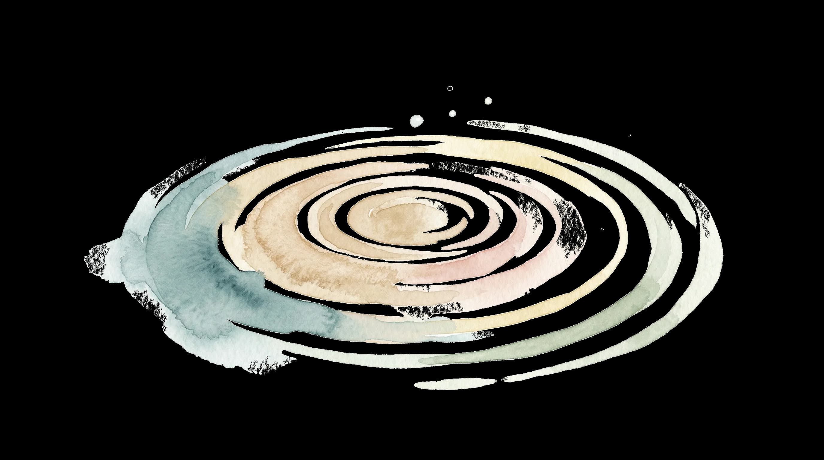 Ilustración acuarela de ondas concéntricas expandiéndose suavemente desde un centro cálido, con gotas flotantes, representando el procesamiento continuo tras EMDR