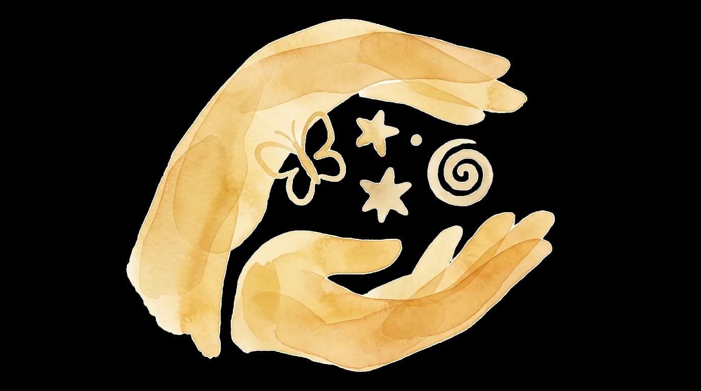 Watercolor illustration of two protective hands in golden tones cradling a butterfly, stars, and a spiral, representing EMDR adapted for children