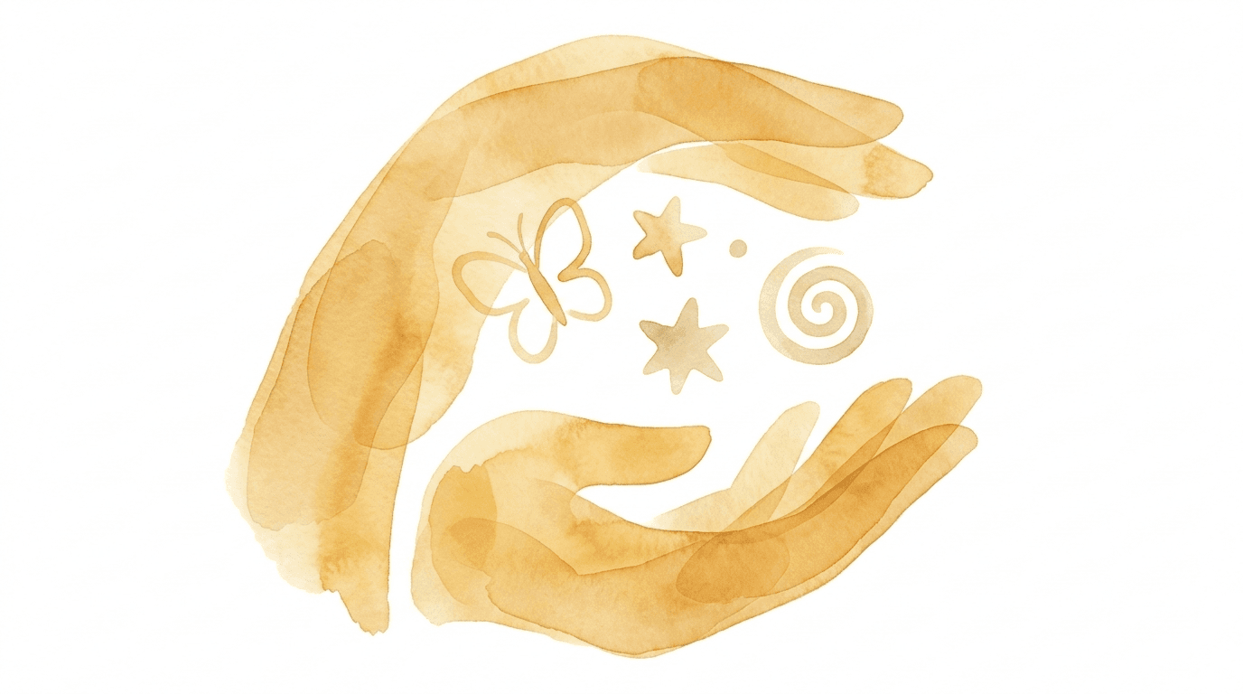Watercolor illustration of two protective hands in golden tones cradling a butterfly, stars, and a spiral, representing EMDR adapted for children