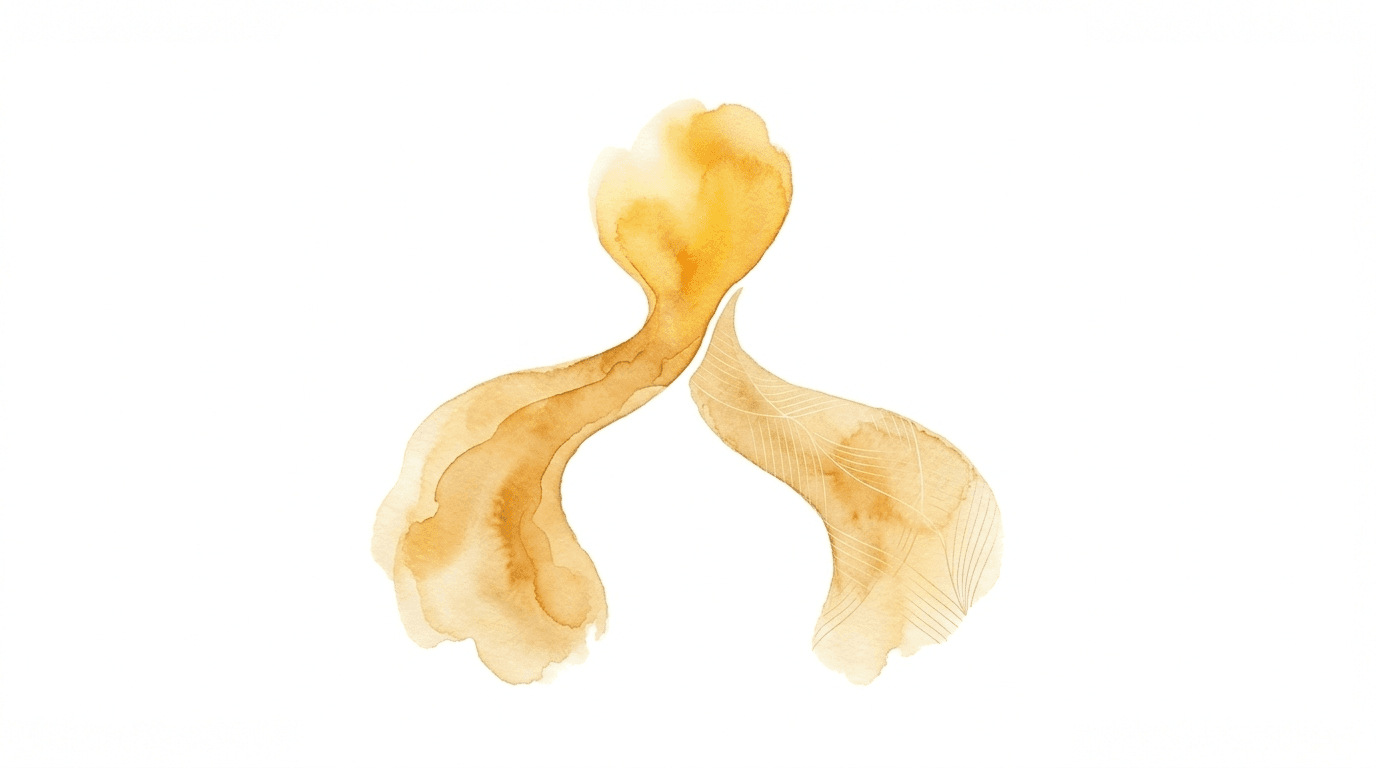 Watercolor illustration of two golden forms converging at a point, one organic and another with subtle geometric lines, representing the equivalence of online and in-person EMDR