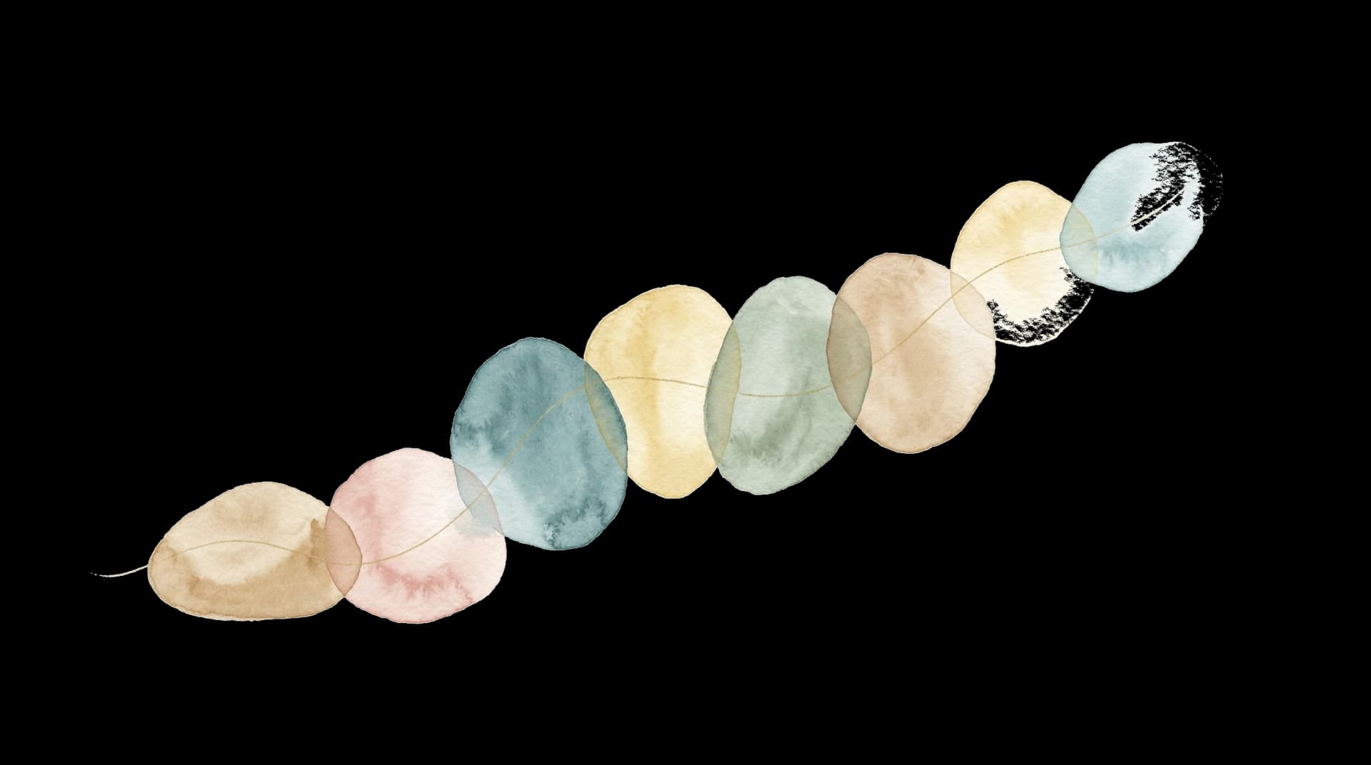 Watercolor illustration of eight translucent pebbles in an ascending curve connected by a golden thread, representing the 8 phases of the EMDR protocol