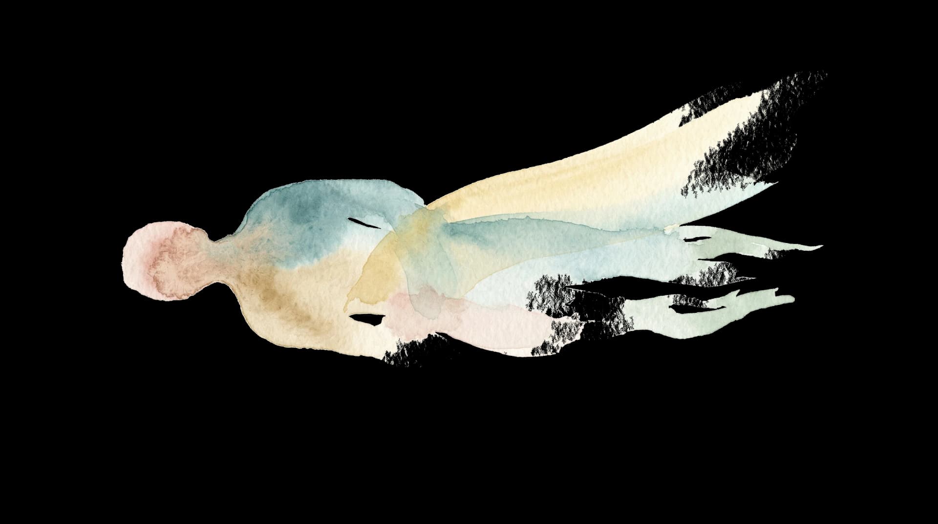 Ilustración acuarela de una forma densa en tonos rosa que se disuelve en flujos de verde azulado y dorado, representando la técnica del Haz de Luz en EMDR