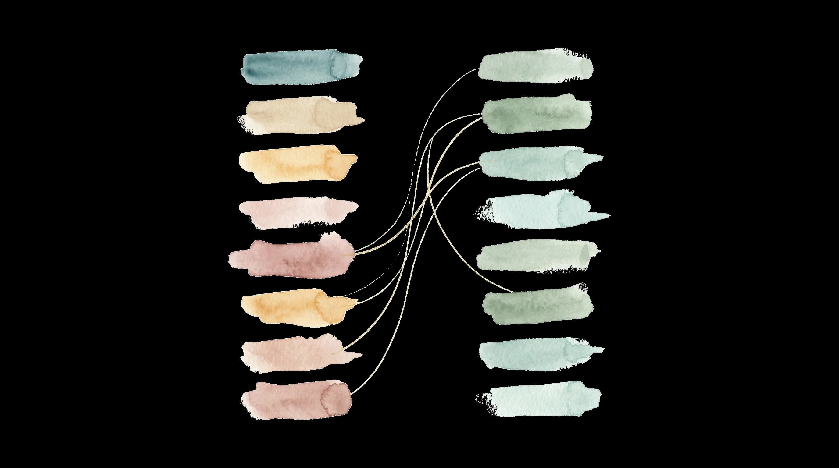 Watercolor illustration of two columns of abstract brushstrokes connected by golden arcs, representing the transformation from negative to positive cognitions in EMDR