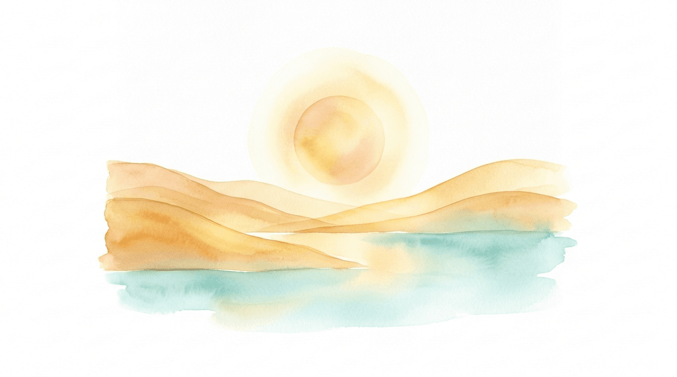Watercolor illustration of a serene landscape with golden hills and calm water, representing a safe mental refuge