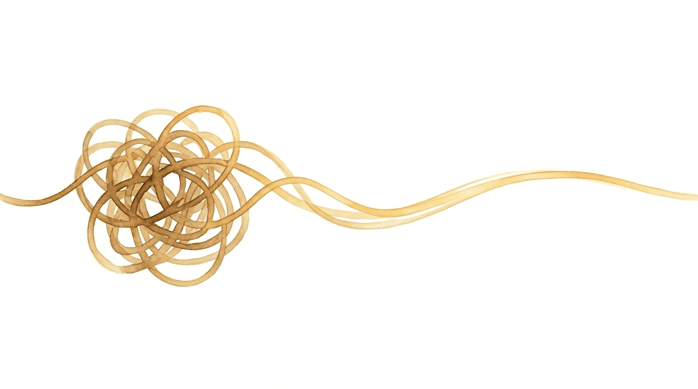 Watercolor illustration of a tangled golden thread unraveling into a smooth flow, representing EMDR reprocessing