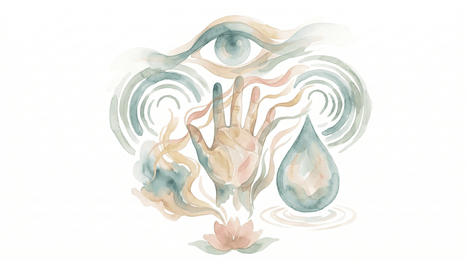 Ilustración acuarela de cinco elementos sensoriales — ojo, tacto, ondas sonoras, aroma y gota — representando la técnica de grounding 5-4-3-2-1