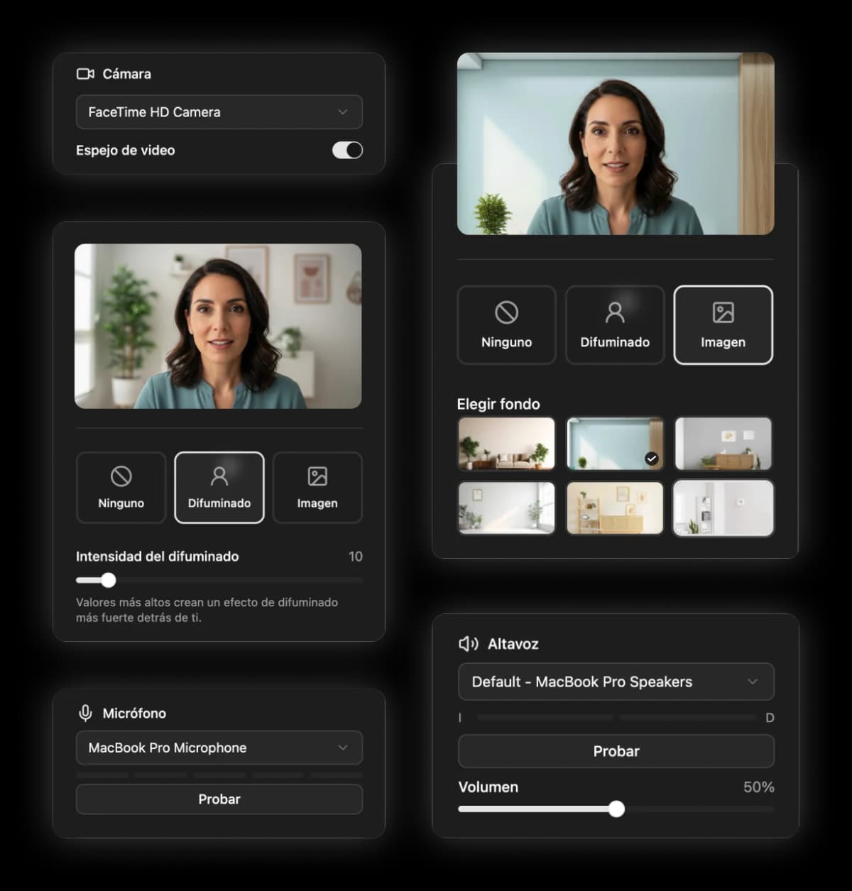 Panel de configuración de dispositivos con desenfoque y fondo virtual