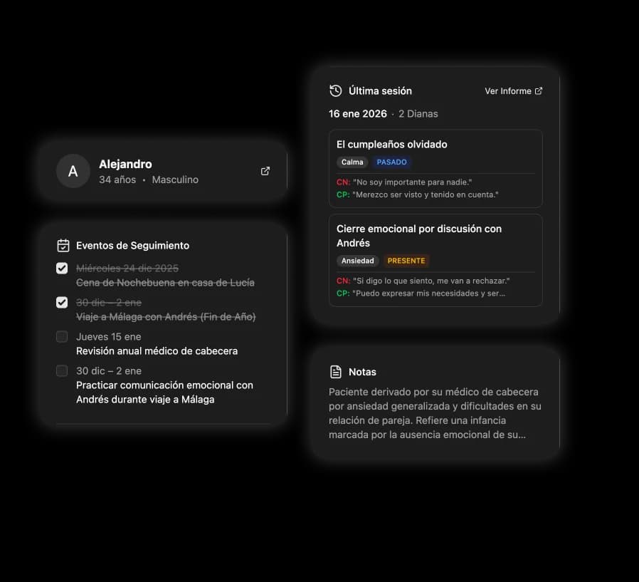 Panel lateral del paciente mostrando dianas EMDR, eventos de seguimiento y notas clínicas