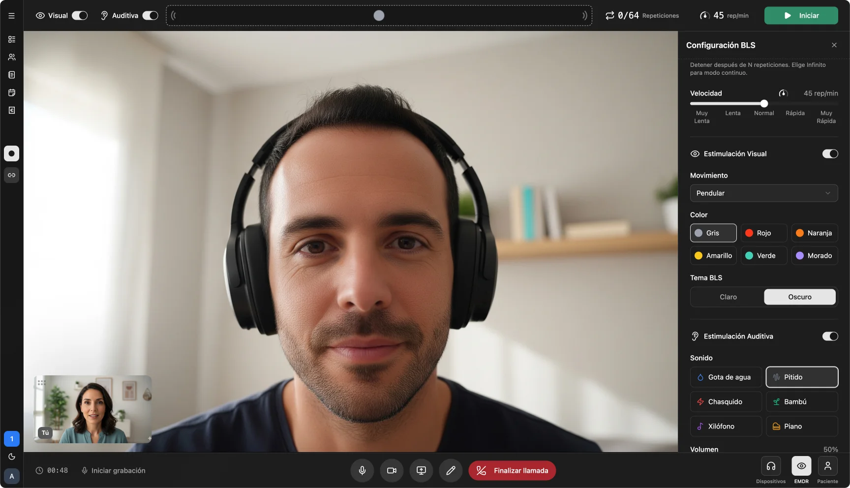 Vista de la interfaz del terapeuta durante una sesión EMDR online con panel de estimulación bilateral