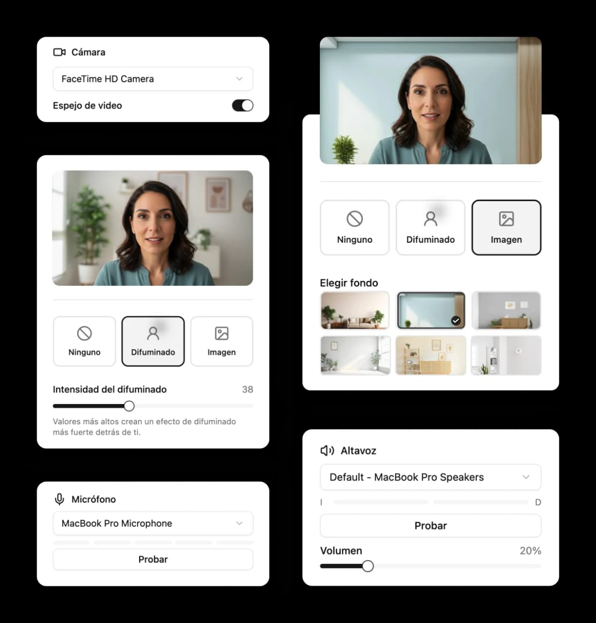 Panel de configuración de dispositivos con desenfoque y fondo virtual