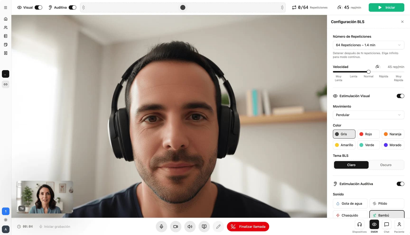 Vista de la interfaz del terapeuta durante una sesión EMDR online con panel de estimulación bilateral