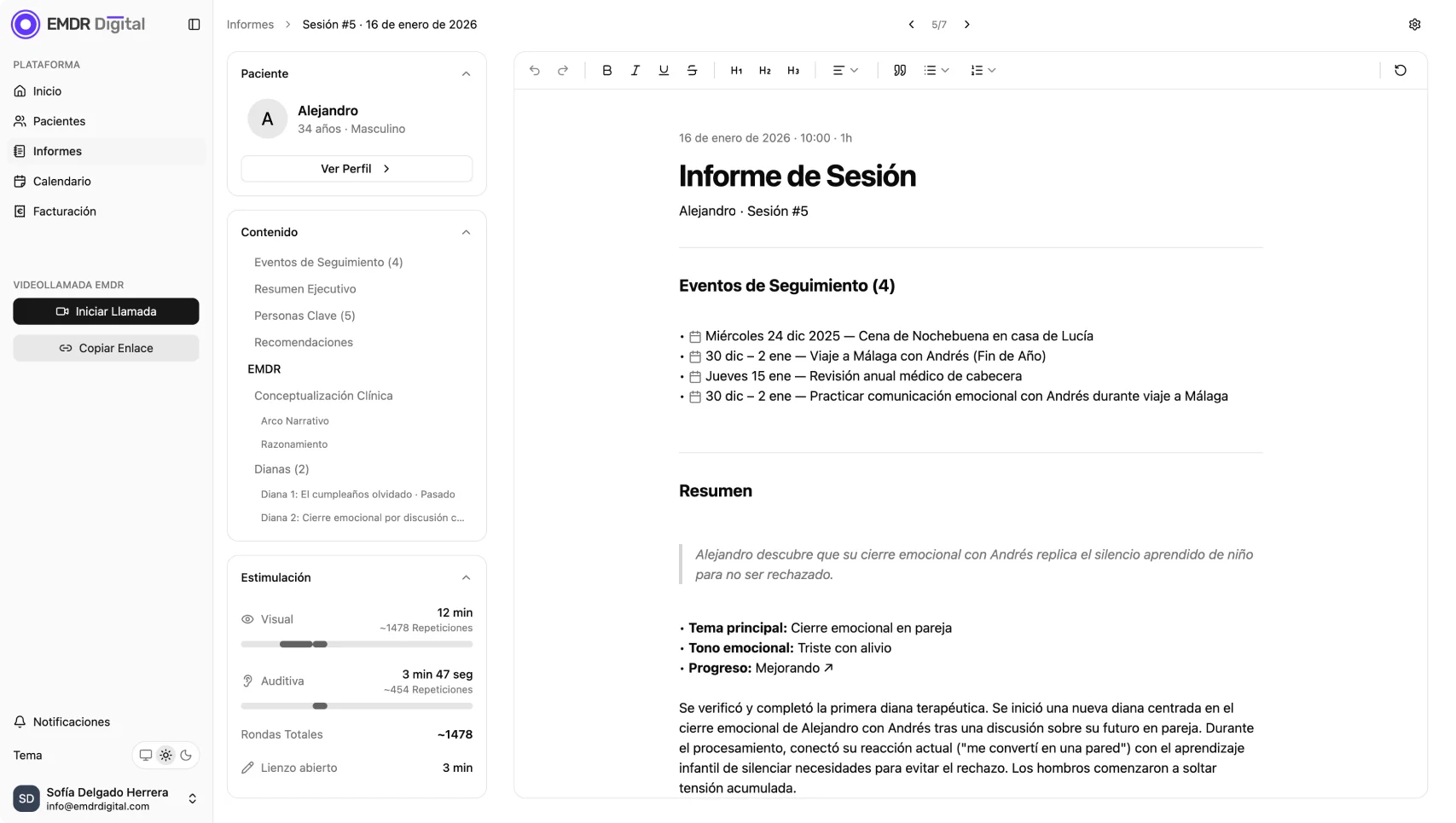 Informe de sesión EMDR con eventos de seguimiento, resumen ejecutivo y dianas clínicas
