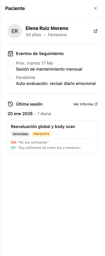 Panel de información del paciente con historial de sesiones y notas