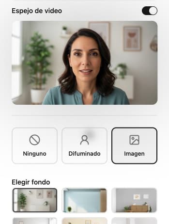 Opciones de fondo virtual y espejo de vídeo
