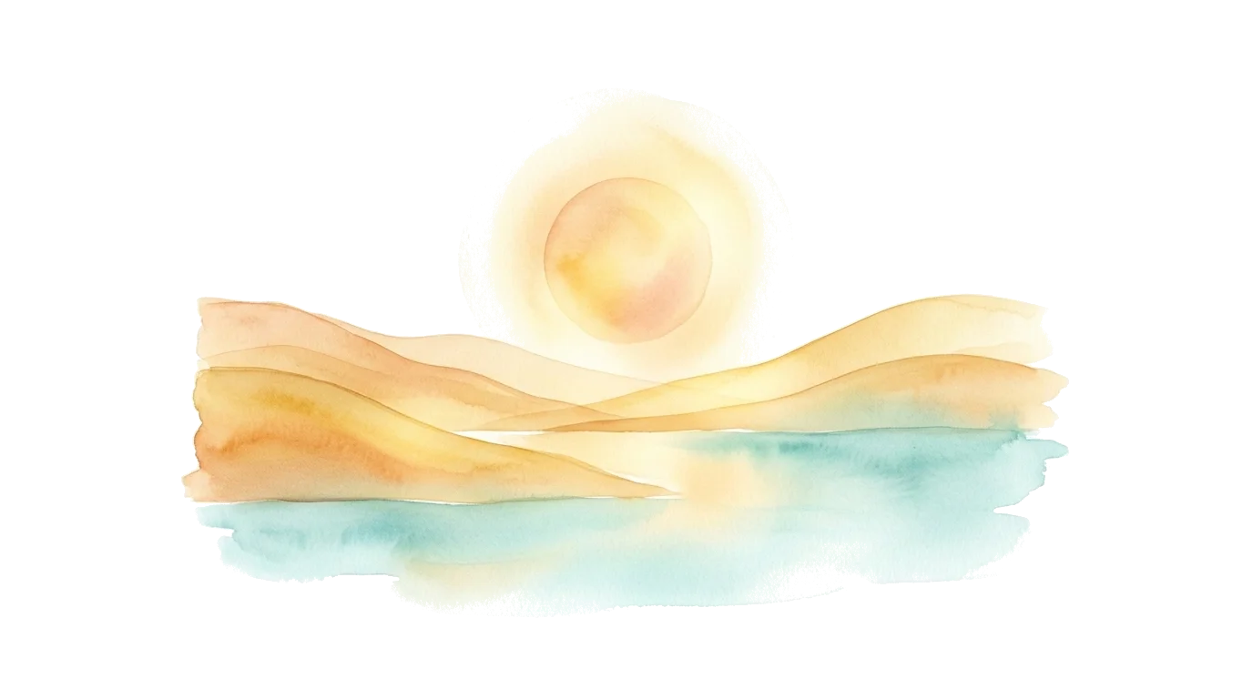Ilustración acuarela de un paisaje sereno con colinas doradas y agua en calma, representando un refugio mental seguro