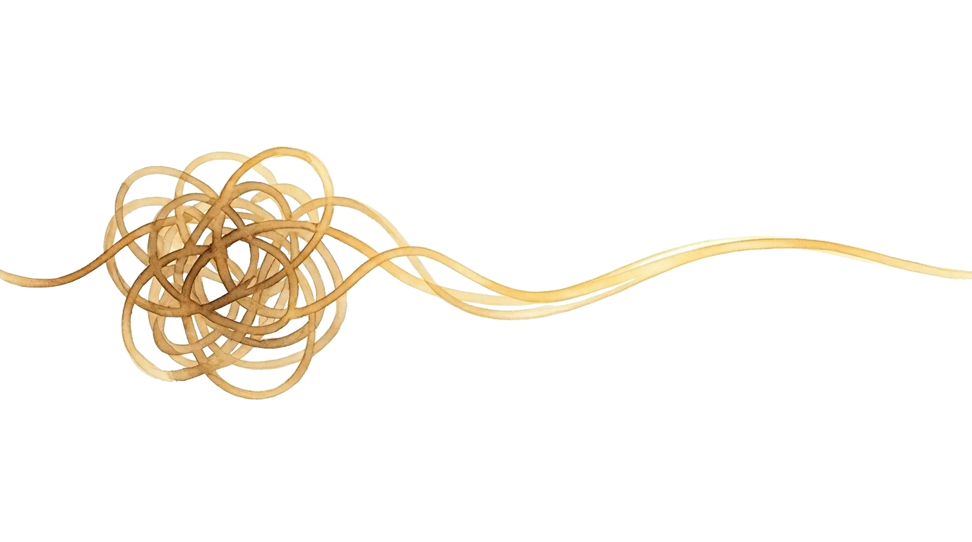 Watercolor illustration of a tangled golden thread unraveling into a smooth flow, representing EMDR reprocessing