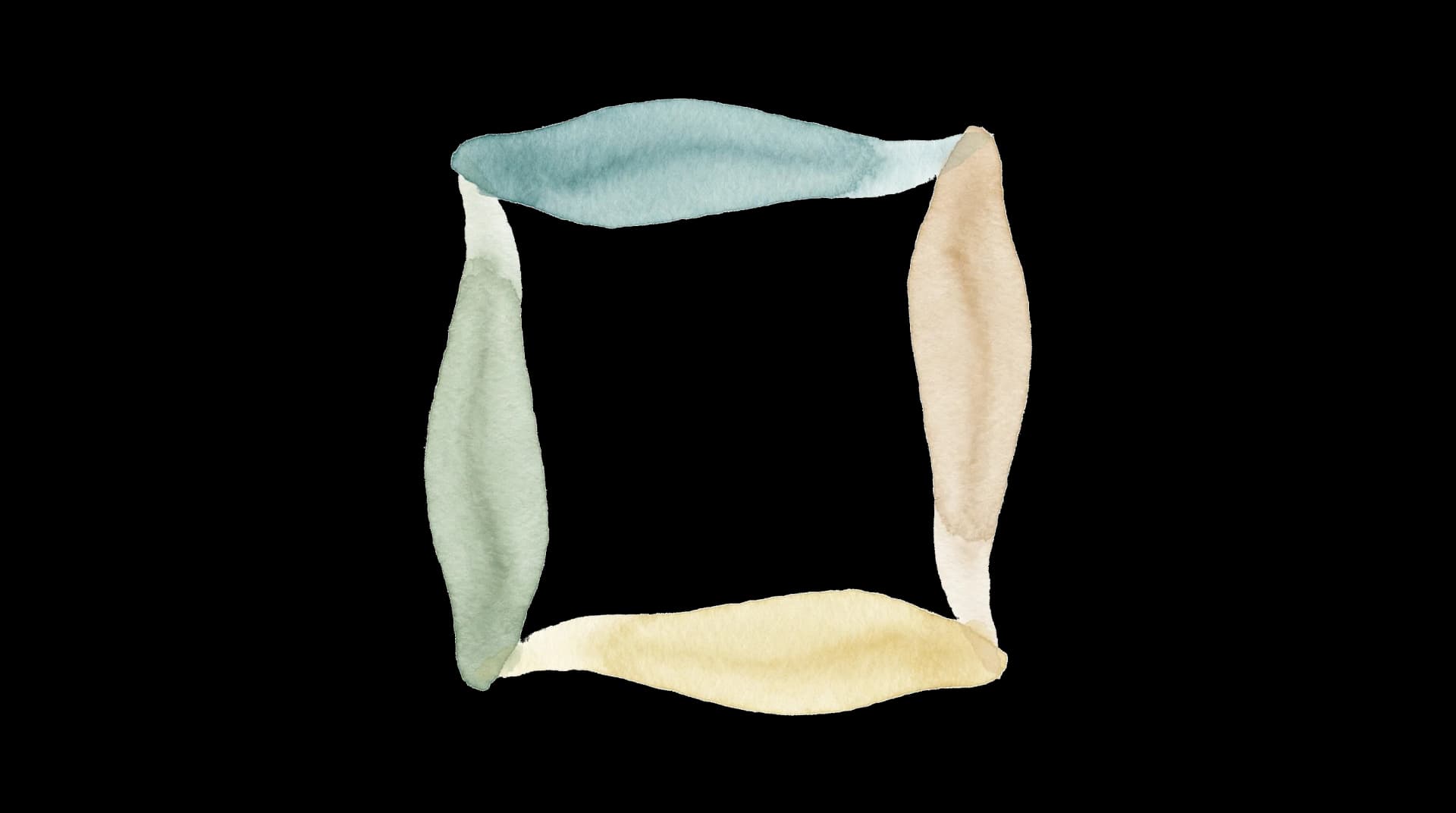 Ilustración acuarela de cuatro trazos formando un cuadrado en tonos teal, arena, dorado y verde salvia, representando los cuatro tiempos iguales de la respiración cuadrada