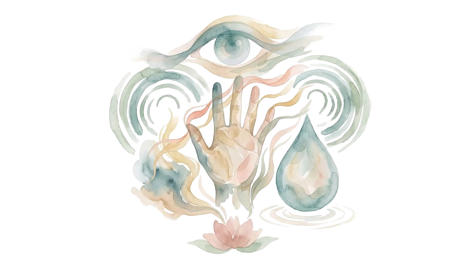 Ilustración acuarela de cinco elementos sensoriales — ojo, tacto, ondas sonoras, aroma y gota — representando la técnica de grounding 5-4-3-2-1