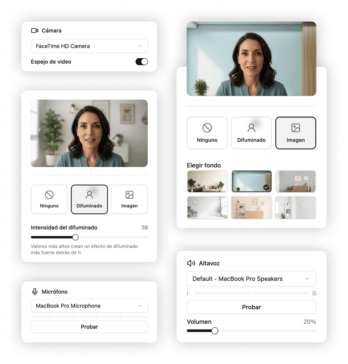Panel de configuración de dispositivos con desenfoque y fondo virtual
