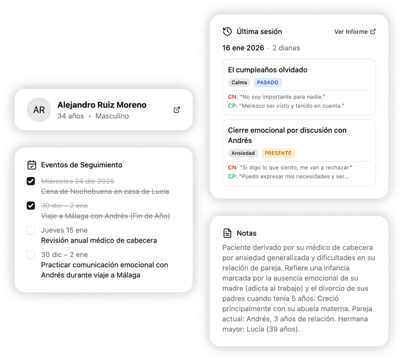 Panel lateral del paciente mostrando dianas EMDR, eventos de seguimiento y notas clínicas