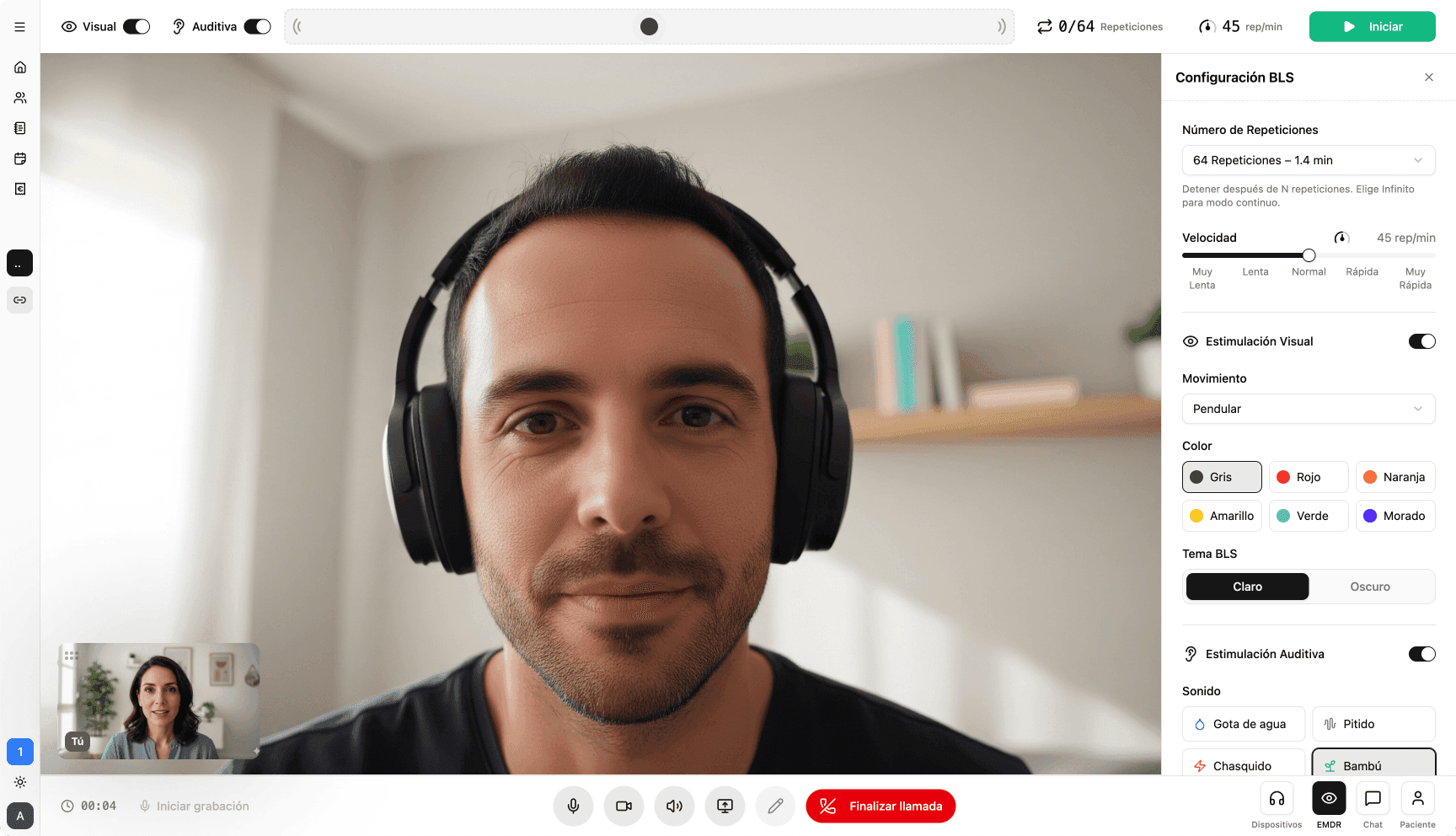 Vista de la interfaz del terapeuta durante una sesión EMDR online con panel de estimulación bilateral