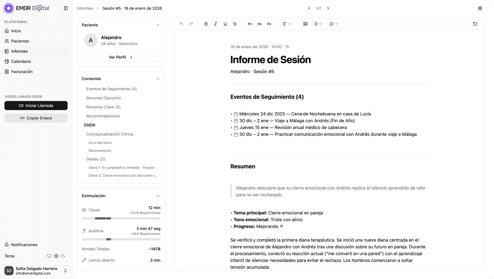 Informe de sesión EMDR con eventos de seguimiento, resumen ejecutivo y dianas clínicas