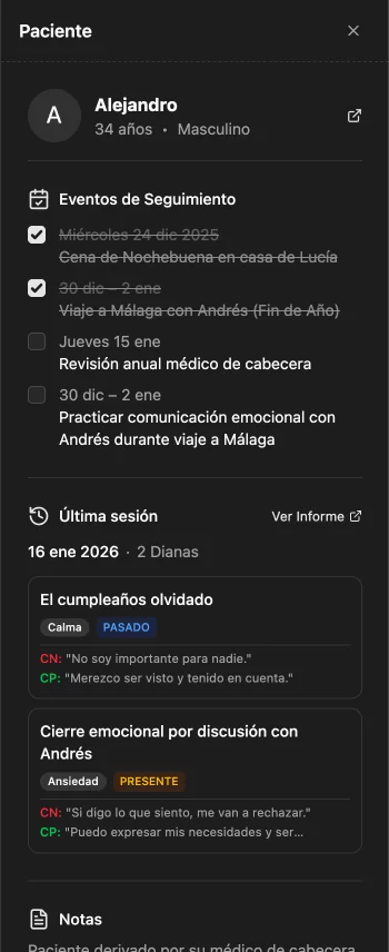 Patient information panel with session history and notes