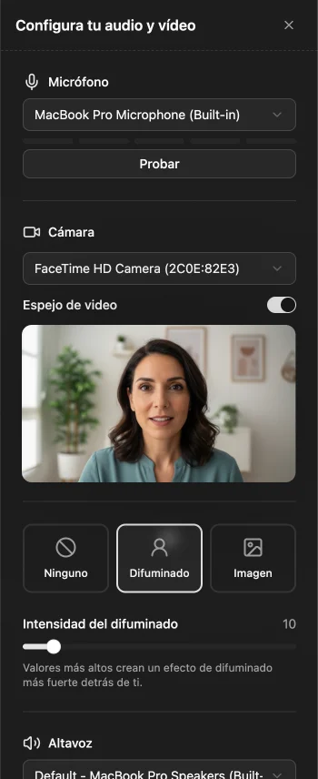 Device settings panel showing camera and microphone selection