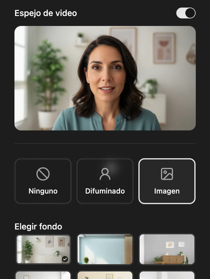 Virtual background options and video mirror settings
