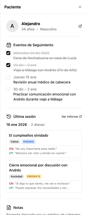 Patient information panel with session history and notes