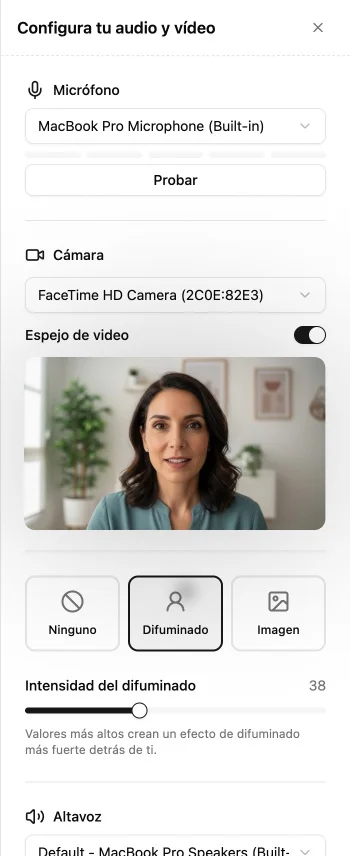 Device settings panel showing camera and microphone selection