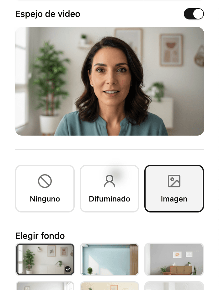 Opciones de fondo virtual y espejo de vídeo
